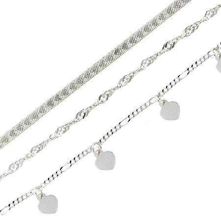 Italian Sterling Silver Heart Charm Figaro Twisted Chain Three Bracelet Set