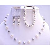 Brd812 Silver Grey Pearls & White Pearls Necklace Earrings w/ Bracelet Necklace Set