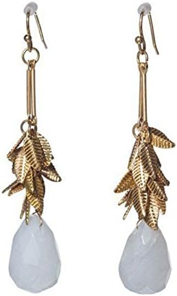 5 cttw Gold Plated Textured Tiny Leaf Drop Earrings With Faceted Milky White Quartz Stones, Dangle 2.5"