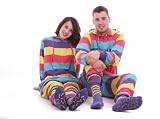 Adult Onesie or Babygrow Allinone Pyjamas Sleepsuit in Rainbow Colour Stripes. Cotton fabric in full size range petite to XX Large.