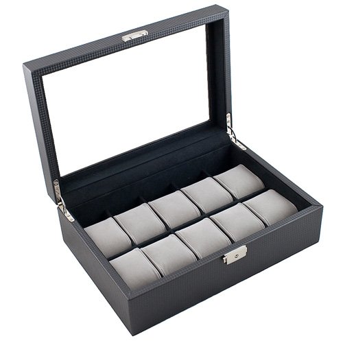 Carbon Fiber Pattern Glass Clear Top Watch Case Display Storage box Chest Holds 10 Watches With Removable Pillows And High Clearance For Large Watches