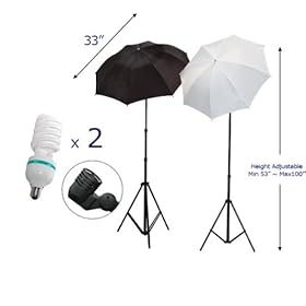 KAEZI (1) 80 Photo Light Stand Snow-White Umbrella / (1) 80 Photo Light Stand Black-Silver Umbrella / INCLUDES (2) 85W 5500K Bulb