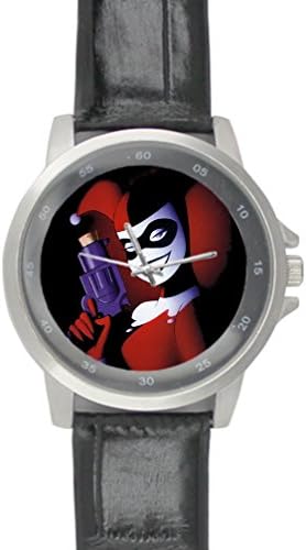 Black Leather Alloy Wrist Watch with Cartoon Harley Quinn Background