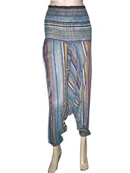 Hippie Gypsy Harem Baggy Smock Waist Multi Blue Stripe Print Capri Pants for Women