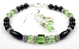 2 Piece Set: Peridot August Birthstone Bracelets in Onyx, Sterling Silver, and Swarovski Austrian Crystals