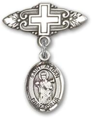 Sterling Silver Baby Badge with St. Aedan of Ferns Charm and Badge Pin with Cross