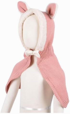 Kids Winter Soft Rabbit Bow Hooded Knitted Shawl Cloak Hat Cap (Pink)