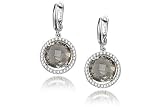 14K White Gold Matte-Finish Hand-Crafted Semi-Precious Color Stone Earrings, Centered with a Smokey Topaz Color Stone, Surrounded by Pave Set Diamonds.