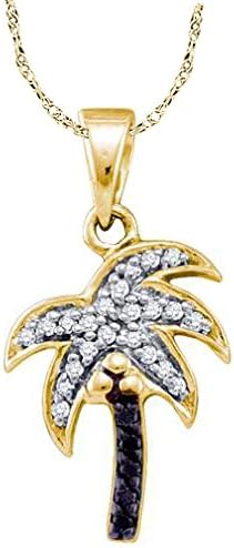 10k Yellow Gold Black Diamond Palm Tree Beach Charm Pendant YG Chain Womens New- .10 Ct.t.w.