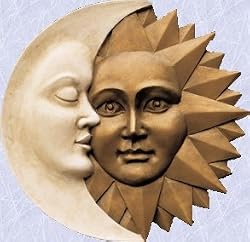 Celestial Sun Moon statue Greenman Harmony sculpture