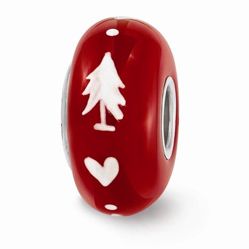 Sterling Silver Reflections Hand Painted Red Christmas Hearts Glass Bead