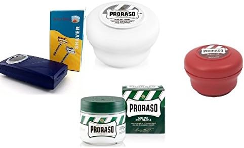 Pro'raso Shave Soap, Sensitive 150 ml + Shave Soap, Sandalwood 150 ml + Shaving Factory Double Edge Safety Razor, Silver + Pre Shaving Cream w/ Menthol &amp; Eucolyptus 100 ml