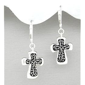Fancy Filigree Cross Antiqued Silver Dangle Earrings (00)