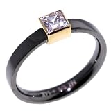 Steel-Jewelry: Black Ion Plated Stainless Steel & 14 Karat Yellow Gold Bezel Set with Princess cut Signity Cubic Zirconia