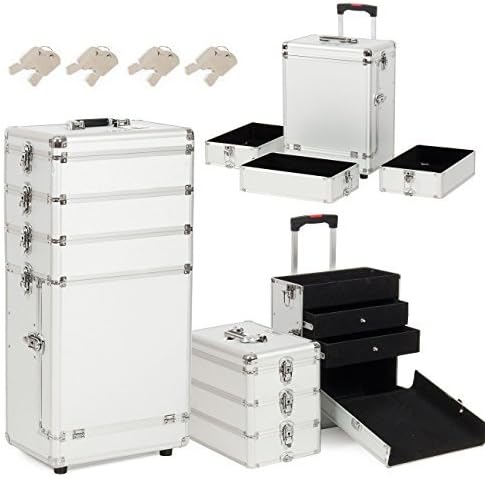 BELLAVIEĆ'Ć 4in1 Professional Wheels Rolling Cosmetic Makeup 2-Drawer Artists Case, Silver by BELLAVIE