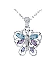 Sterling Silver Genuine Amethyst, Blue Topaz, Tazanite Butterfly Pendant