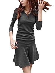V-neck Long Sleeves Cotton/Polyester Flared-Skirt Ruched Stretchy Spring Mini Dress 