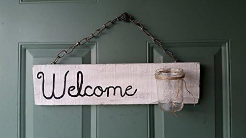 4.5 x 17 inch Hand Painted Welcome Rustic Wood Sign with Jar Vase for Flowers Distressed Wood Home Decor made with Reclaimed Upcycled Barn Wood