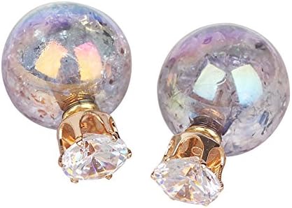Women's Gold Plated Tribal Double Sided Front Back Peek A Boo Double l Crown Crystal Pearl Ball Stud Earrings (Grey)