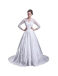 V-neck  Full-Skirt Satin Lace  Ball Gown Wedding Dress  with a Chapel Train  with a Brush/Sweep Train 