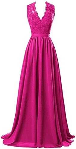 Knitco Women's Modest V Neck Open Back Chiffon Long Evening Gown with Lace Fuchsia 14