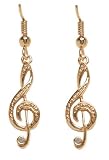 Gold Treble G Clef Music Note Dangle Earrings with Crystal accents