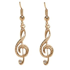 Click here to buy Gold Treble G Clef Music Note Dangle Earrings with Crystal accents by Sheer Delights Dancewear.
