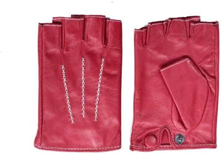 Cyrilus Women lady Driving Fashion leather lampskin fingerless gloves 3 lines CYW1314 (L, Red)