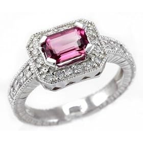 VVS Vivid Pink Tourmaline and Diamonds Cocktail Ring Antique Style 14k White... by
