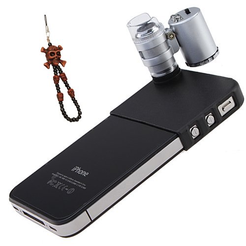 OKEBA 60x LED Pocket Microscope Lens Camera Lens Adjustable Loupe with LED Light For iPhone 4/4S(60X Magnification, 2 LEDs, 1 UV Light), Ideal for Jewelry Coins Stamps Antiques + One Cool Skull Key Chain Charm Strap At Random Color