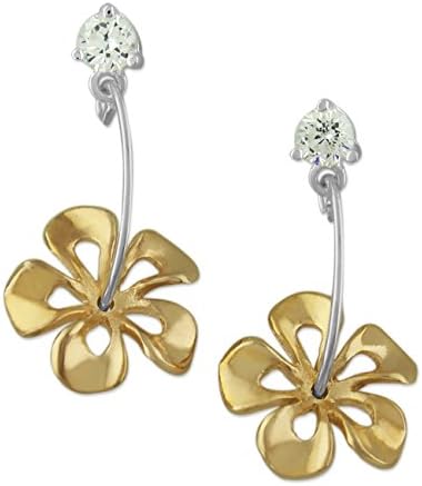 925 Silver Two Tone Yellow Hibiscus Dangle CZ Earrings Hawaiian Silver Jewelry