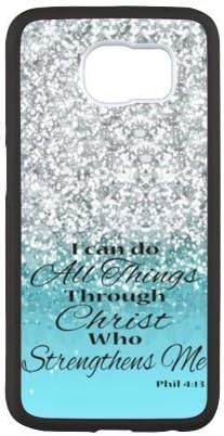 Samsung Galaxy S6 Case Cover - I Can Do All Things Through Christ Who Strengthens Me Philippians 4:13 - Bible Verse Blue Sparkles Glitter Samsung Galaxy S6 TPU (Laser Technology) Case Rubber Sides Shell