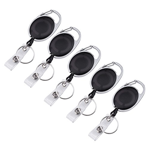 Mudder 5 Pack Black Retractable Carabiner Badge Reels with Key Ring and Badge Strap for ID Badge Holders, Key Cards