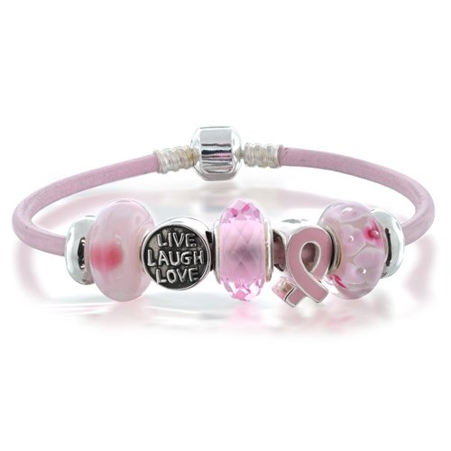 Bling Jewelry .925 Silver Cancer Awareness Pink Ribbon Leather Compatible Pandora Bracelet 7