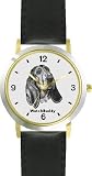 Basset Hound (SC) Dog - WATCHBUDDY® DESIGNER DELUXE TWO-TONE THEME WATCH - Arabic Numbers-EVENING TWILIGHT STYLE - Gray Dial with Black Leather Strap-Size-Large ( Men's Size or Jumbo Women's Size )