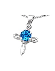 Original Star K (tm) Round Simulated Blue Topaz Cross Pendant in 925 Sterling Silver