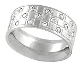 Stainless Steel Checker Design Polished Band with CZ Accents