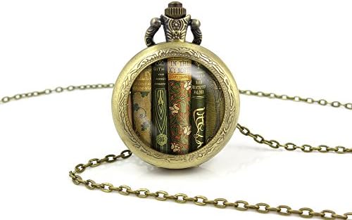 Library Book Pocket Watch Necklace, Book Bookshelf Pendant, Book Lover Necklace Jewelry