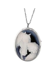 Sterling Silver Italian Blue Agate Lady and Horse Cameo Pin-Pendant Necklace, 18"