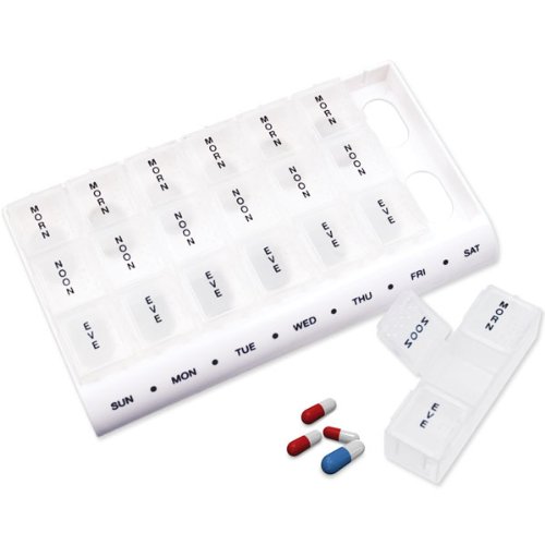 Reizen Weekly Pill Box - 7 day with morn, noon and eve bays. White Base with Clear Boxes