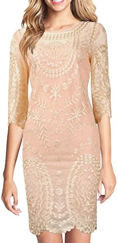 LISTEN TO ME Women's New Embroidery Floral 1/2 Sleeve Short Dress Beige S