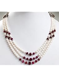Exclusive Designer 3 Strands Natural Fresh Water Pearl & Ruby Beaded Necklace
