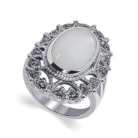 .925 Sterling Silver Band Marcasite Mother of Pearl Ring by 