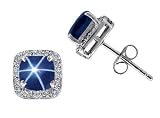 2.08 cttw 10K White Gold Lab Created 6mm Cushion Cut Star Sapphire and Genuine Diamond earring Studs in White Gold