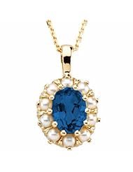 18K Yellow Gold Oval Cut Chatham Created Sapphire and Pearl Pendant -- LIFETIME WARRANTY
