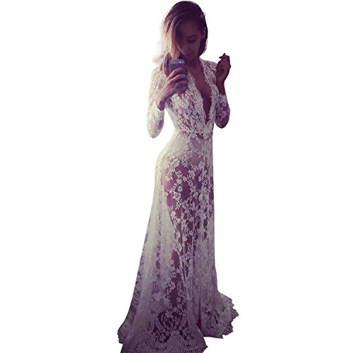 Chicnova Women Sexy Deep-V Long Sleeve Lace Beach Dress See-through Mullet Dress