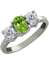 1.00 Ct Oval Green Peridot and White Diamond 18k White Gold Ring