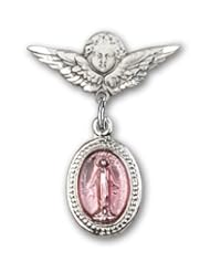 Sterling Silver Baby Badge with Pink Miraculous Charm and Angel with Wings Badge Pin