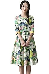 A-line Cotton General Print Elbow Length Sleeves  Dress