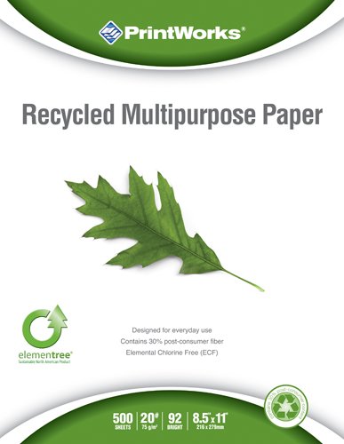 Printworks Recycled Multipurpose Paper, 20 Pound, 92 Bright, 500 Sheets, 8.5 x 11 Inches (00011)